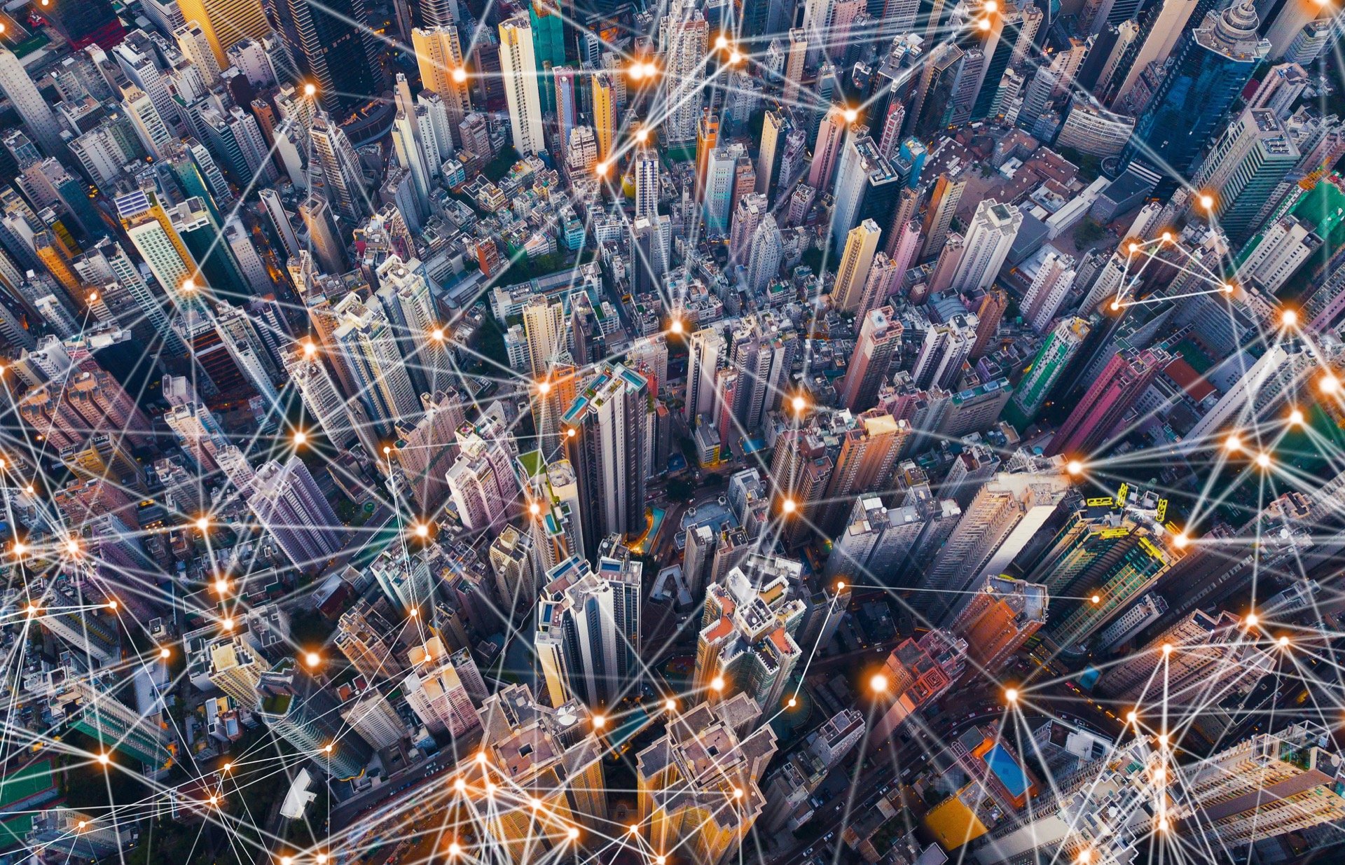 smart city technology connecting skyline
